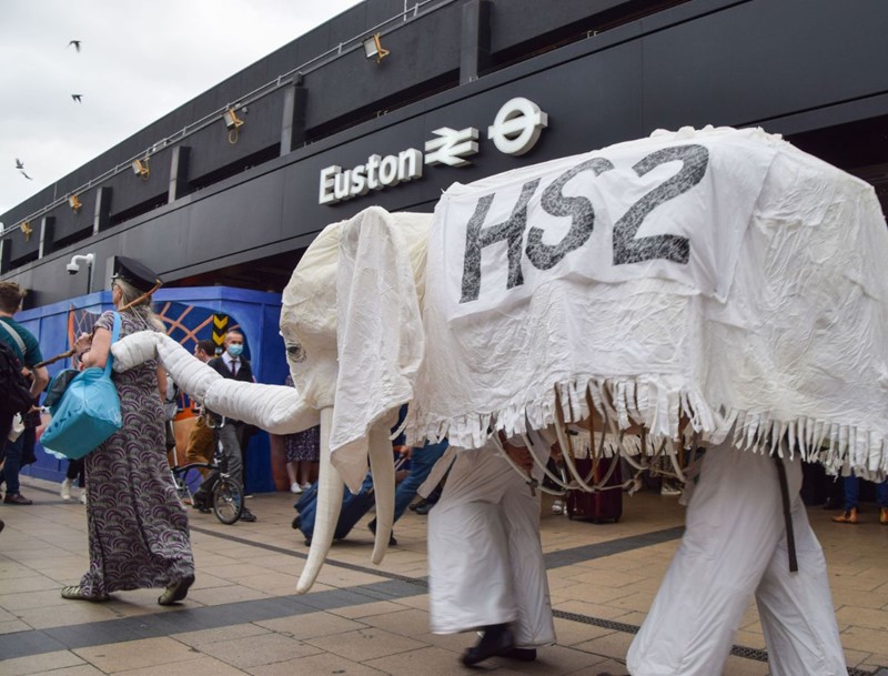 Protests against HS2 at Euston station in September 2021