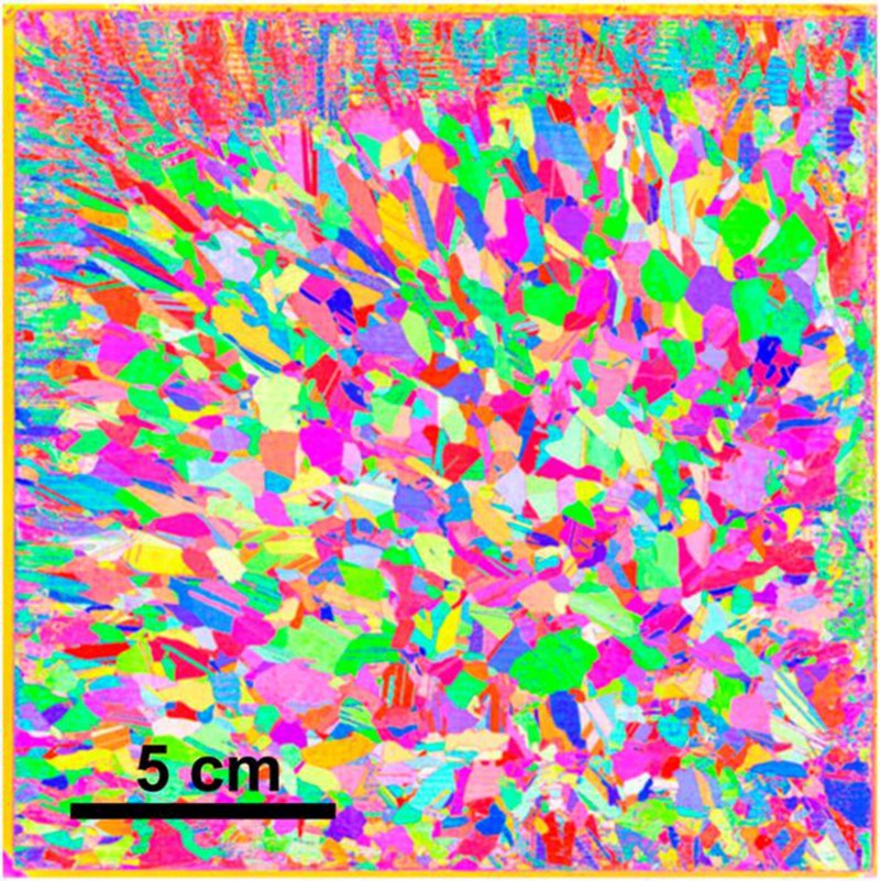 An example of the crystal grain orientations predicted by the AI-based technique. The color represents the orientation of the grain.