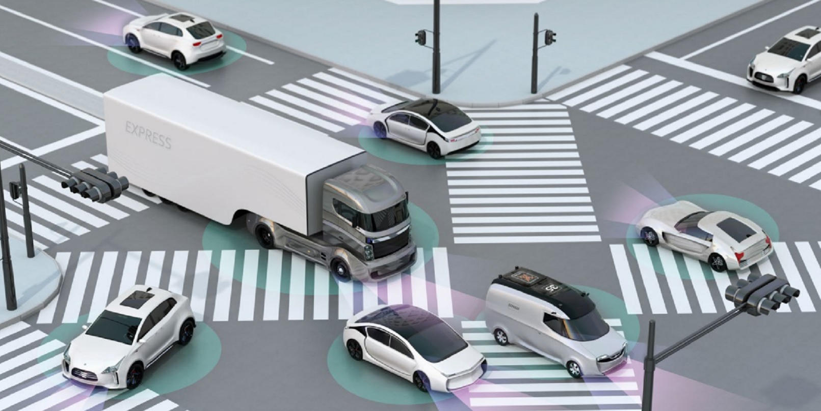 Graphic of autonomous vehicles at a road crossing